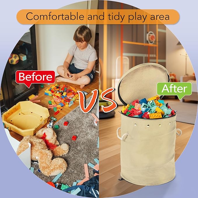 Toy Storage Basket + Play Mat for Kids Toy Chest Organizer Kids Toy Storage Organizer Foldable Big Storage Bins with Lids Large Toy Box for Boys Girls Toy Holders for Kids Rooms Nursery(Beige)