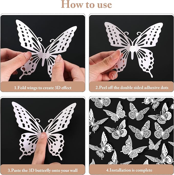 SAOROPEB 3D Butterfly Wall Decor 48 Pcs 4 Styles 3 Sizes, White Butterfly Birthday Decorations Butterfly Party Decorations Butterfly Cake Decorations-Removable Butterfly Stickers (Pearl White)