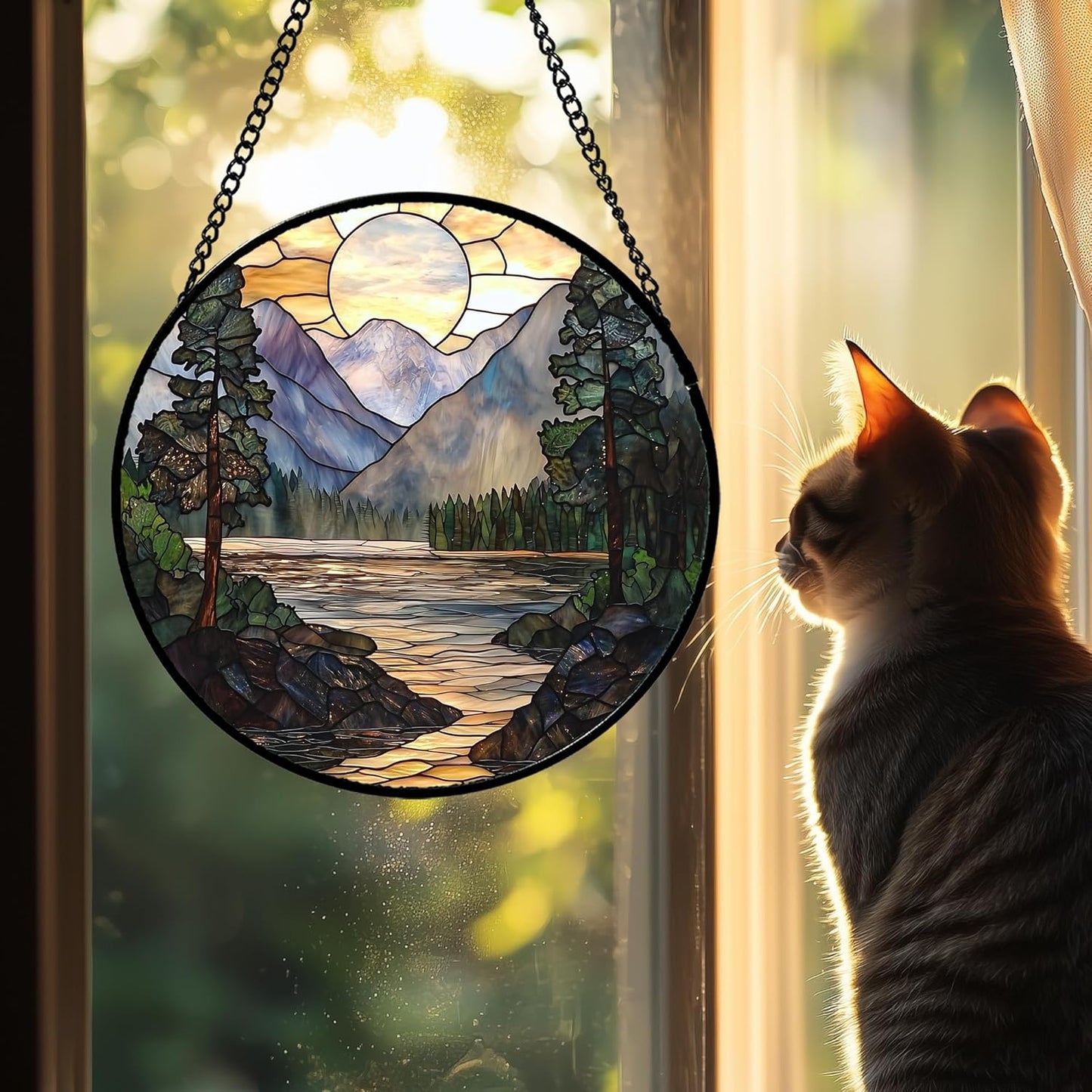 Stained Glass Window Hanging, Sunset Mountains Lake Tree Sun Catcher for Window Home Decor Landscape Suncatcher Mother's Day Birthday Gifts for Women Men Mom and Nana 15 in