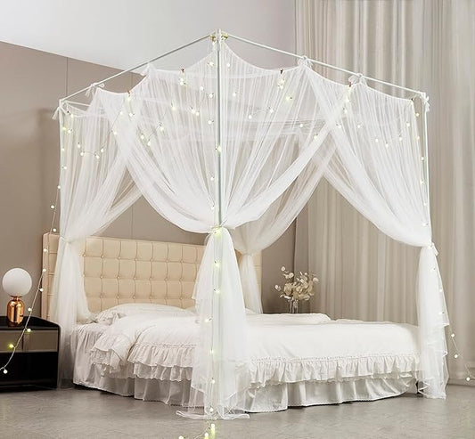 Mengersi Canopy Bed Curtains Bed Canopy with Lights for Girls, Bed Netting Unique Style 4 Door Mosquito Net for Adults Women Bedroom (White+Lights, California King)