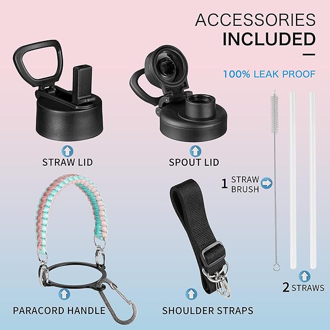 40 oz Insulated Water Bottle with Paracord Handles & Strap, 2 Lids(Straw Lid&Spout Lid), Stainless Steel Reusable Wide Mouth Metal Water Bottle With Straw, Double Walled, Thermo Mug(Rubber Pink)