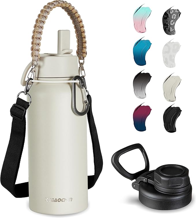 32 oz Insulated Water Bottle with Paracord Handles & Strap, 2 Lids(Straw Lid&Spout Lid), Stainless Steel Reusable Wide Mouth Metal Water Bottle With Straw, Double Walled, Thermo Mug（Cream)