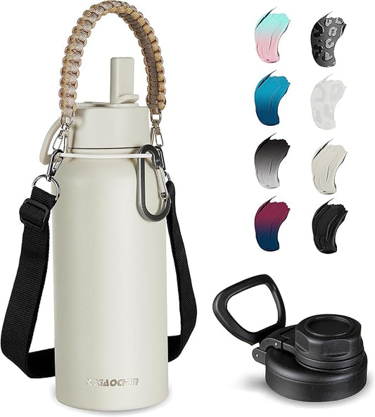 32 oz Insulated Water Bottle with Paracord Handles & Strap, 2 Lids(Straw Lid&Spout Lid), Stainless Steel Reusable Wide Mouth Metal Water Bottle With Straw, Double Walled, Thermo Mug（Cream)