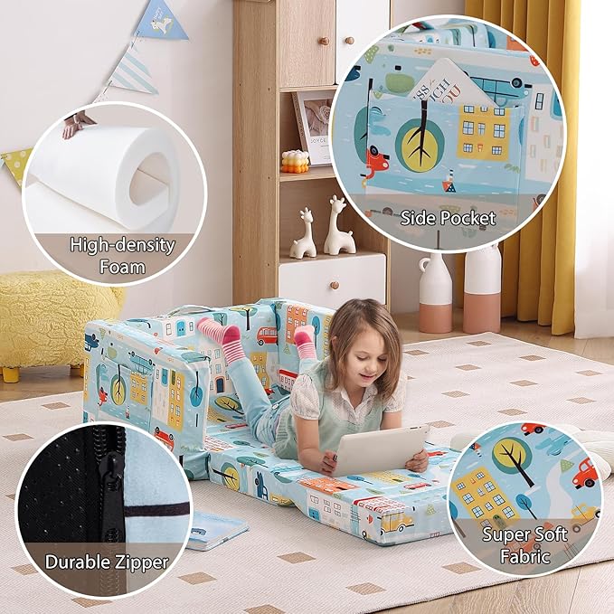 Tiita Kids Couch Fold Out, Toddler Sofa Bed Chairs, 2-in-1 Kids Couch Plush Chair, Folding Children Sofas to Lounger, Toddler Comfy Armrest Chair Bed Sofa for Girl or Boy, Car