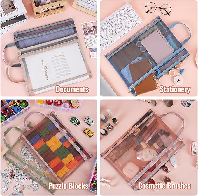 EOOUT 10 Pack Colored Mesh Zipper Pouch Bags, A4 Double-Layer Nylon Puzzle Organizers and Storage Building Block Board Game Storage Breathable Clear Zipper Bags for Office Home Games