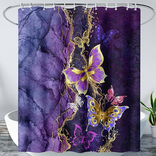 AILONEN Beautiful Butterfly Shower Curtain Bathroom 48" W*72" H Purple Butterfly Curtain Cloth Fabric Bathroom for Girls Kids,Marble Theme Shower Curtain Set