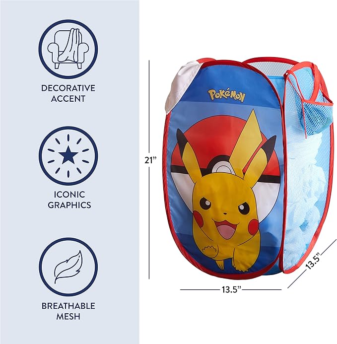 Idea Nuova Pokemon Pikachu Pop Up Hamper with Durable Carry Handles, 21'' H x 13.5'' W X 13.5'' L, Pokemon/Blue