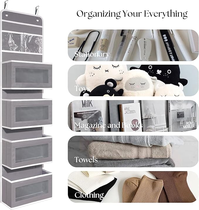 Heavy Duty Over Door Organizer, Wall Mount Hanging Organizer Storage with 4 Large Capacity Pockets, Closet Bathroom Nursery Bedroom Dorm, Toys Cosmetics Sundries and Baby Essentials, Gray