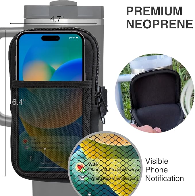 Water Bottle Pouch for Stanley Cups with 20oz 30oz 40oz Stanley Quencher Adventure & Stanley IceFlow, Gym Accessories for Women Tumbler Pouch with Strap & Zipper Cup Purse for Card Keys (Black, Large)