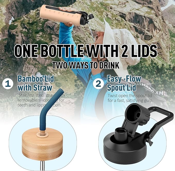 Glass Water Bottles with Straw -32oz- Water Bottle Phone Holder for Gym Large Motivational Water Bottle with Time Marker Glass Drinking Bottles 2 Lids - Spout & Bamboo Straw Lid(Dark Blue)