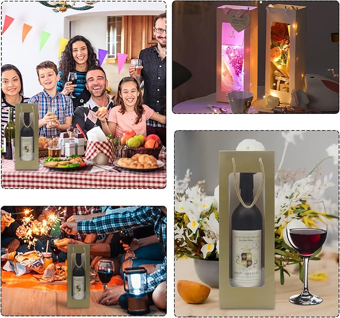 WAKAKO 12 Pcs Wine Gift Bags for Wine Bottles, Reusable Clear Window Wine Bottle Bags Bulk with Handles for Weddings, Valentine's Day, Birthday, Party, Graduations, Thanksgiving (gold)