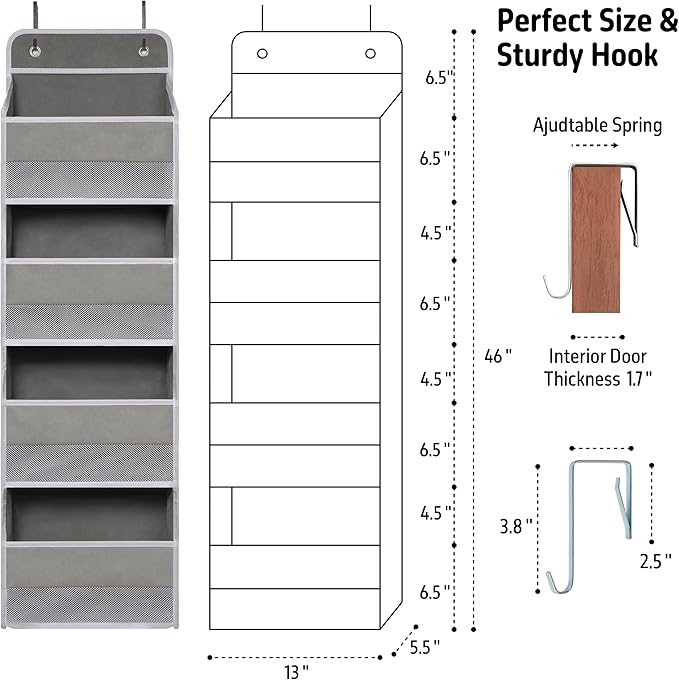 Heavy Duty Over Door Organizer, Hanging Organizer Storage with 4 Large Capacity Pockets, Closet Bathroom Nursery Bedroom Dorm, Toys Cosmetics Sundries and Baby Essentials, Gray