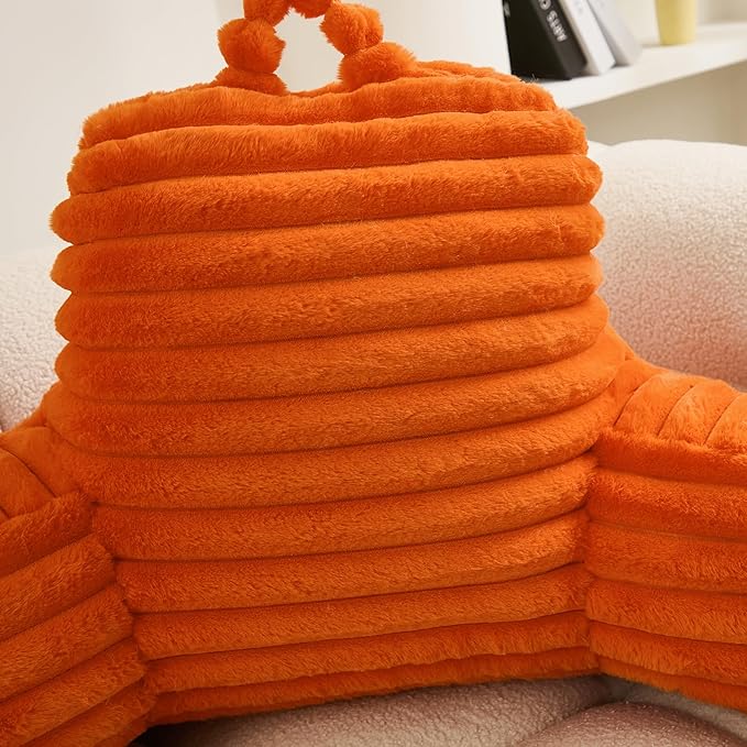 WERDIM Reading Pillow for Sitting in Bed, Faux Fur Back Pillow for Bed Rest, Bed Chair Pillow with Arms and Pockets(Large, Orange)