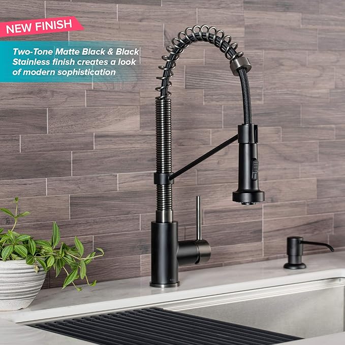 Kraus KPF-1610MBSB Bolden 18-Inch Commercial Kitchen Faucet with Dual Function Pull-Down Sprayhead in all-Brite Finish, Matte Black/Black Stainless Steel