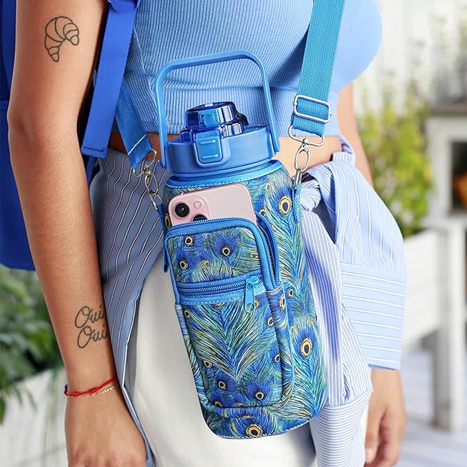 Peacock Half Gallon Water Bottle with Sleeve Water Bottle 64 Oz Water Bottle with Time Marker, Leakproof-Free Drinking Water Bottle, Sports Water Bottle Peacock Feather Half Gallon Water Jugs