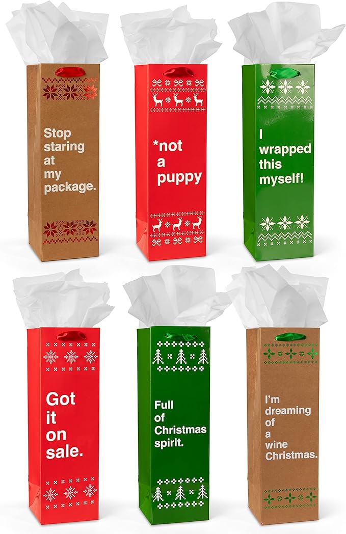 Tipsy Elves Christmas Gift Bags with Included Tissue Paper - Holiday Wine and Bottle Bags - One Size Only - Pack of 6 Bags