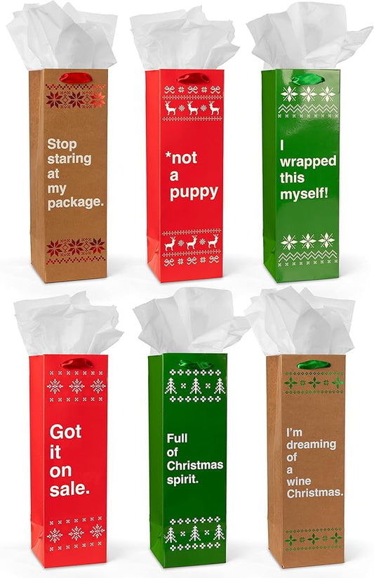 Tipsy Elves Christmas Gift Bags with Included Tissue Paper - Holiday Wine and Bottle Bags - One Size Only - Pack of 6 Bags