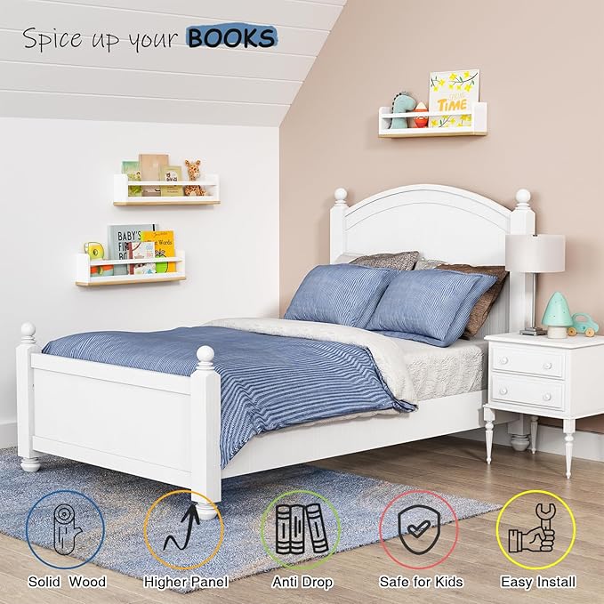 Nursery Wall Bookshelf for Kids Room Set of 3, 24 Inch Floating Book Shelves for Baby Boys Girls Bedroom, Large Wood Mounted Hanging Bookshelves for Toddlers Childs (White and Natural)