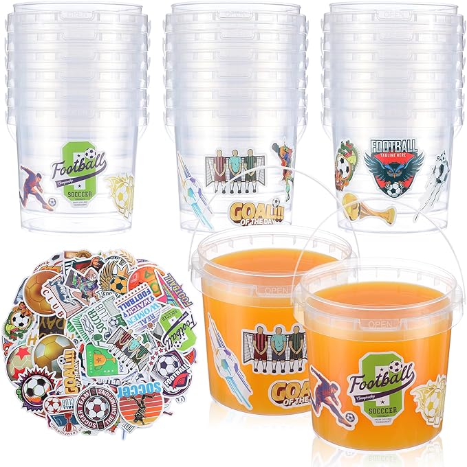PerKoop 20 Pcs 32 oz Soccer Ice Cream Buckets with Lids and Handles Clear Cocktail Rum Buckets for Drinks with 200 Soccer Stickers Plastic Transparent Tub Reusable Food Storage Containers for Parties