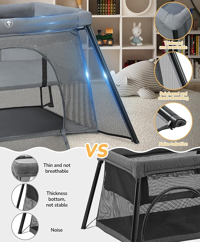 ELEMARA Baby Travel Crib Easy-Set Up,Portable Crib with Comfortable Mattress and Lightweight-Foldable Crib with Long-Lasting Playard, Indoor & Outdoor Playpen, Pack and Play for Toddler（Dark Gray