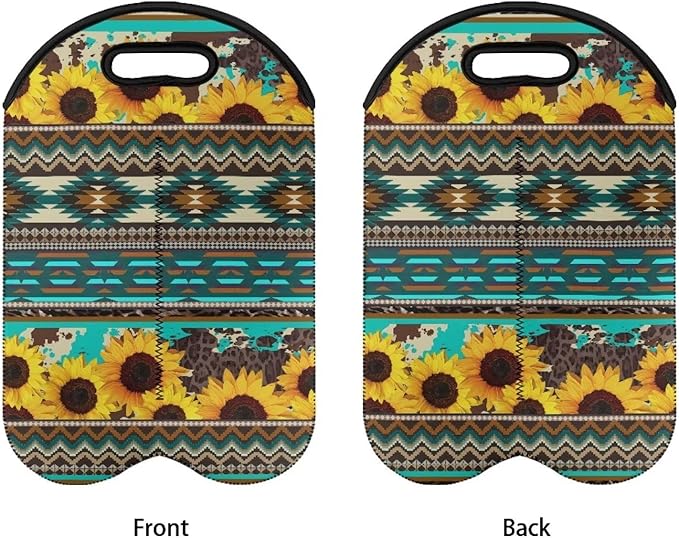 doginthehole Sunflower Insulated Wine Bag 2 Bottles Portable Wine Carrier Tote Aztec Tribal Geometry Print Wine Cooler Bag Champagne Bottle Holder Protective Sleeve