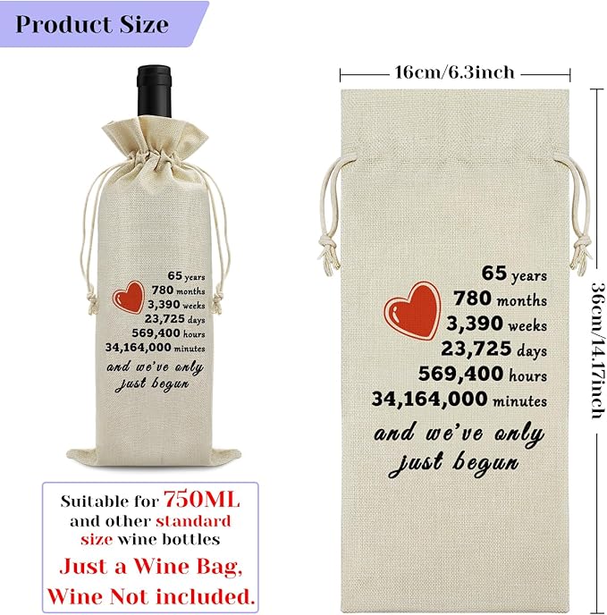 65th Year Marriage Gift for Couple Wife Husband Wine Bag 65th Anniversary Wedding Gift for Women Men Wine Gift Bag Birthday Christmas Valentine Gift for Him Her Drawstring Wine Wrapping Bag