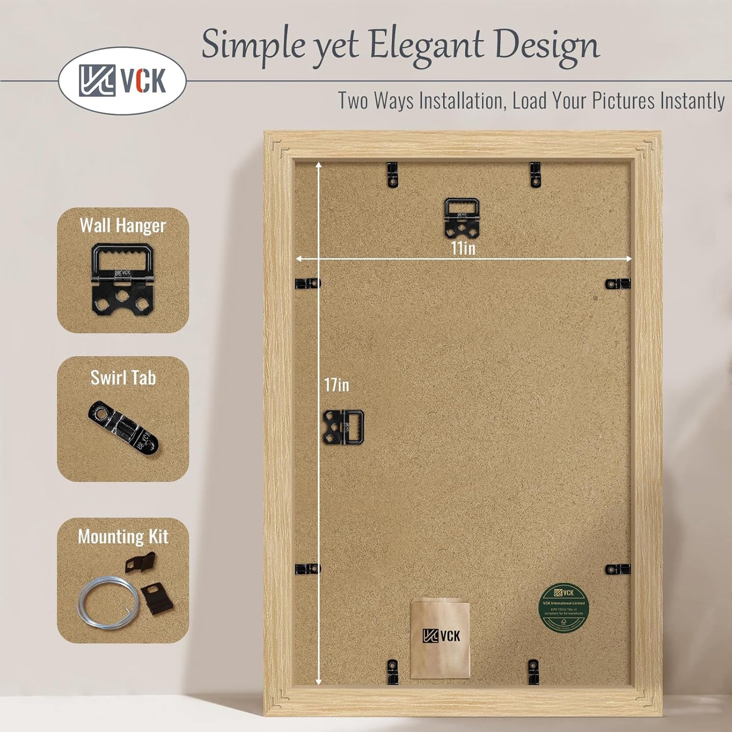 VCK 11x17 Picture Frame 3 Pack - Oak, Natural Solid Wood Poster Frames, Wall Gallery Frame