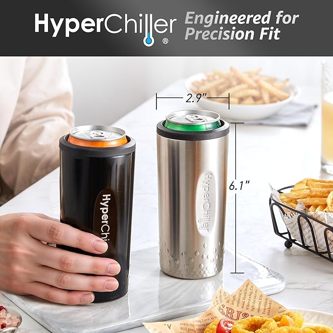 HyperChiller NEW SLIM HBC100SB, Dual Wall Vacuum Insulated, Slim Can Cooler, Beer, Soda, Energy Drinks, Seltzer, Wine Cooler, Fits All Standard 12 OZ Slim Cans, Cup Holder Friendly, Black