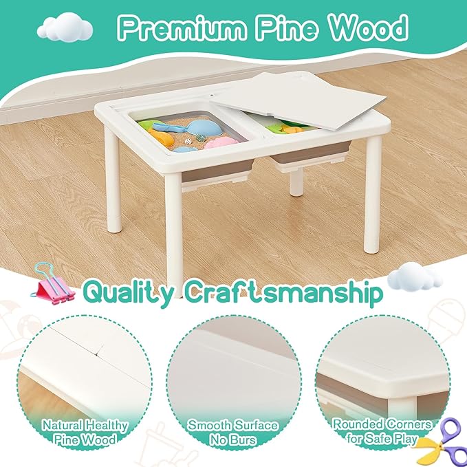 FUNLIO Wooden Sensory Table with 2 Bins for Toddlers 1-5, 3-Level Height Adjustable Kids Sensory Table with Anti-Warping Plywood Lid, Indoor/Outdoor Play Sand and Water Table, CPC Certified, White