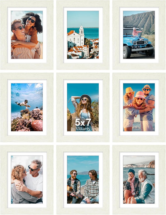 Vittanly 5x7 Picture Frames Set of 9, Shatter Resistant Plexiglass, Display 4x6 Pictures with Mat or 5x7 without Mat, Photo Frames for Wall or Tabletop, Engineered Wood, Whitemist