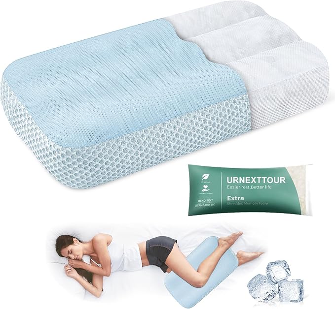 Cooling Memory Foam Knee Pillow for Side Sleepers, Between Legs Pillow, Soothing Relief for Sciatica Back HIPS Knees Joints, with Inner Pillowcase and Extra Foam Filler, Blue