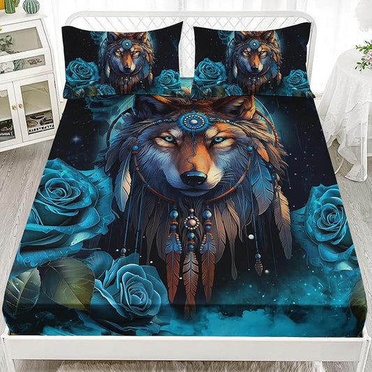 AILONEN Wolf Fitted Sheet Set Queen Size Dream Catcher Bed Sheet Set, Blue Rose Smoke Wolf Sheet Set for Boys Girls,Animal Wolf Fitted Sheet with 2 Pillowcases,3 Pieces
