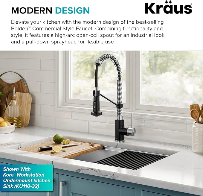 Kraus KPF-1610SSMB Bolden 18-Inch Commercial Kitchen Faucet with Dual Function Pull-Down Sprayhead in All-Brite Finish, Stainless Steel/Matte Black