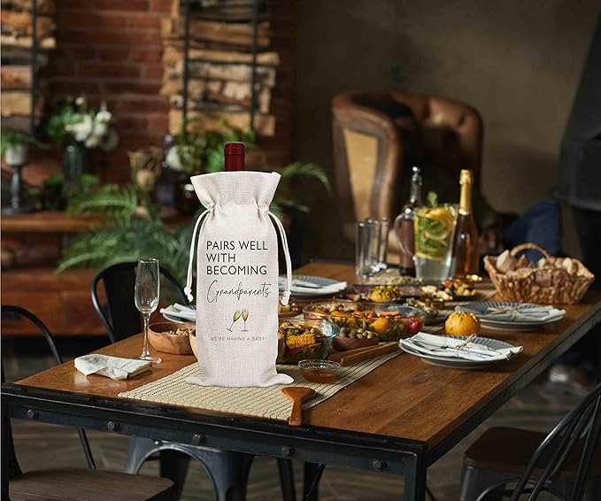 Pairs Well With Becoming Grandparents Gift Wine Bags, Personalized Burlap Wine Bottle Cover Bag for Pregnancy Announcement, New Grandpa Grandma New Baby, Wine Favor Bag Gift Party Decorations-L12