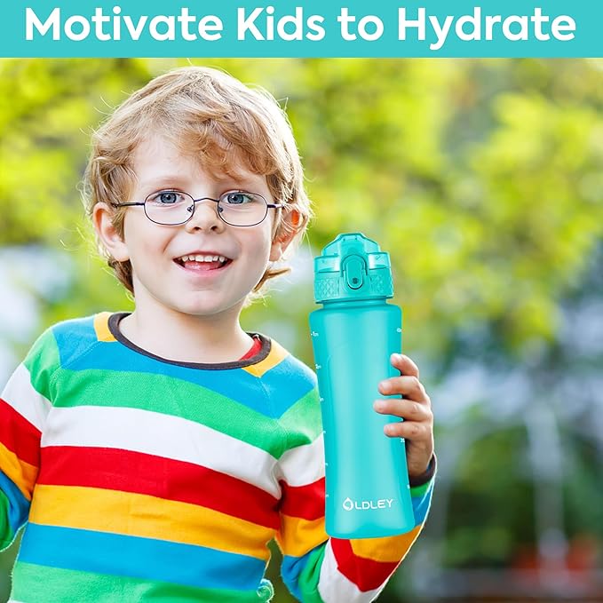 OLDLEY Kids Water Bottle for School with Straw Chug Lid, 15 oz Unbreakable Leak-Proof BPA-Free Motivational Water Bottles with Time Marker for Travel Sports Gym, 2 Lids,Mint