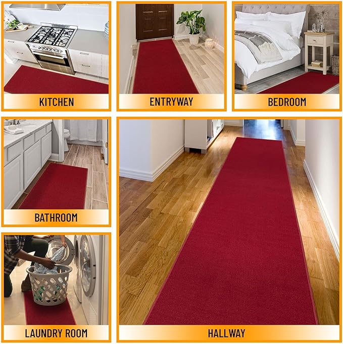 Machine Washable Modern Solid Design Non-Slip Rubberback 3x12 Traditional Runner Rug for Hallway, Kitchen, Bedroom, Living Room, 2'7" x 12', Red