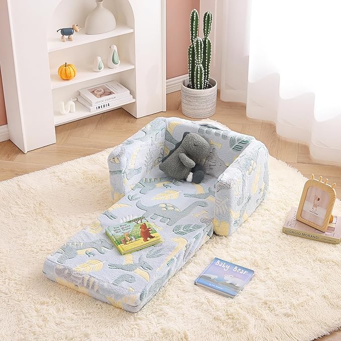 Tiita Kids Sofa, 2-in-1 Kids Sofa Chair, Convertible Children Couch to Lounger, Flip Out Kids Sofa Chair, Glow in The Dark Toddler Armrest Chair Bed for Girl or Boy (Grey Dinosaur)