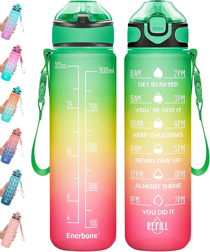 Enerbone 32 oz Drinking Water Bottle with Times to Drink and Straw, Motivational with Carrying Strap, Leakproof BPA & Toxic Free, Ensure You Drink Enough Water for Fitness Gym Outdoor