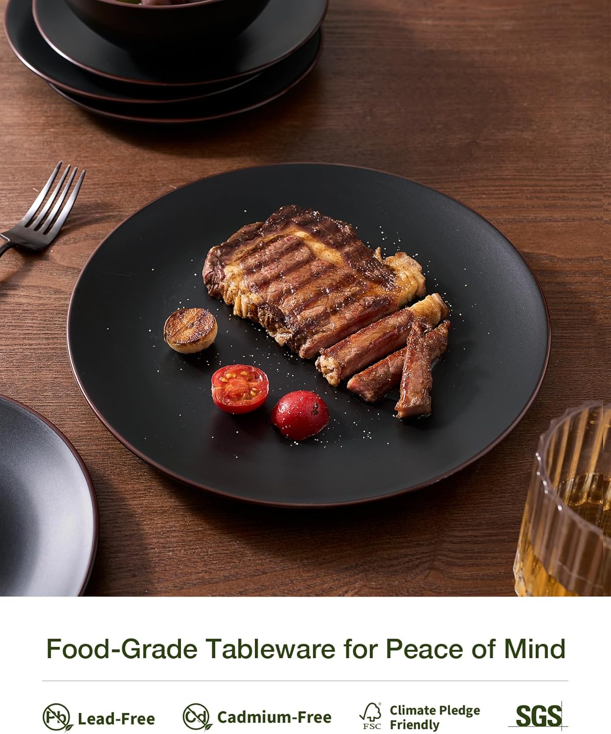 Famiware Venus Ceramic Plates and Bowls Sets, Dinnerware Dish Sets for 8 (24 Pieces) - Microwave and Dishwasher Safe, Matte Black