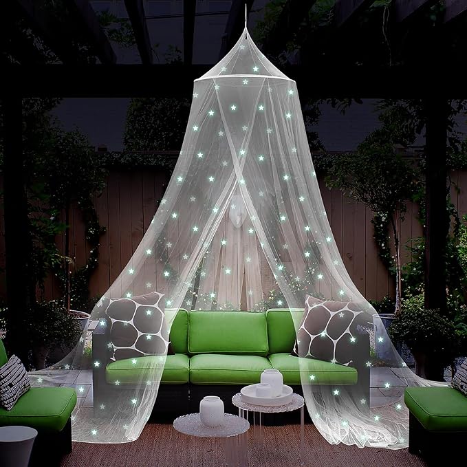 Daksha Princess Bed Canopy for Girls with Glowing Stars, Bed Curtains for Kids, Ceiling Tent, White Room Decor, Fits Twin, Full and Queen Size Beds