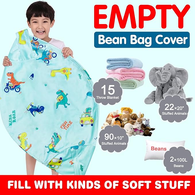 Lukeight Stuffed Animal Storage Bean Bag Chair Cover for Kids, Dinosaur Zipper Beanbag Chair Cover for Organizing Toddler and Kids' Rooms Plush Toys (Dino Blue, X-Large)