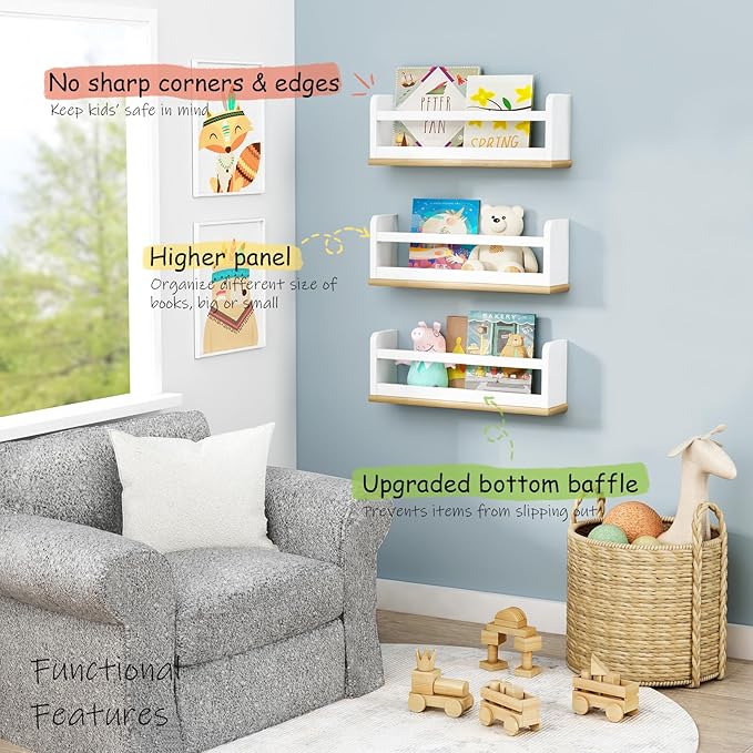 Small Kids Bookshelves Wall Mounted 3-Pack, White Floating Nursery Book Shelves for Kids Room Bedroom, Solid Wood Hanging Bookshelf Bookcase and Toy Storage Shelf for Baby Toddler Child