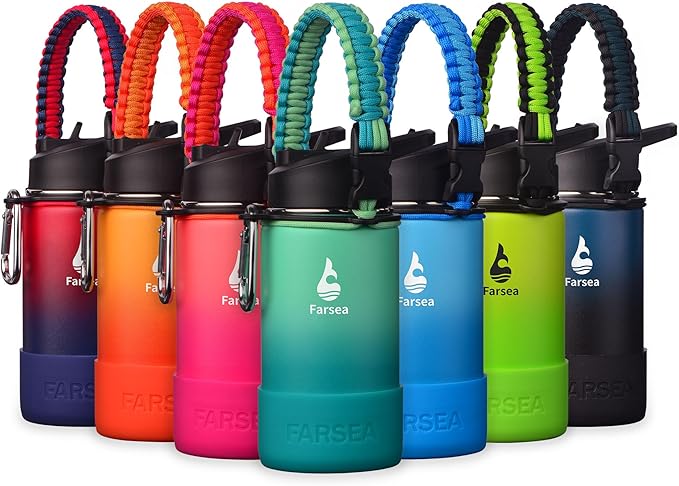 Farsea Insulated Water Bottle With Paracord Handle, Protective Silicone Boot and 2 Lids (Straw Lid & Spout Lid), Stainless Steel Water Bottle Wide Mouth, Double Wall Sweat-Proof BPA-Free,12 oz