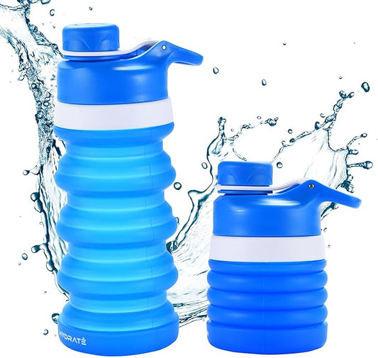 Hydrate Collapsible Water Bottle, 14.2oz - Expandable from 4.3" to 7.4" - Portable Silicone Leakproof Folding Cup - Flexible Liquid Container - Reusable Blue Drink Storage for Travel - Secure Drinking