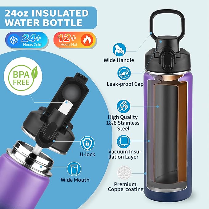 Insulated water bottle with Straw,24oz Stainless Steel Water Bottle for Adult Kids,Double Wall Vacuum Wide Mouth Insulated Water Bottle for Sports,BPA-free（24oz,Purple Navy blue）