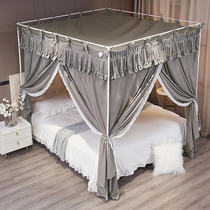 Ruffle Lace up 4 Corners Post Princess Curtain Bed Canopy Cozy Breathable Mosquito Net Cloth for Girls Adults Bedroom Decoration (Grey, 53" W*78" L*82" H/Full)
