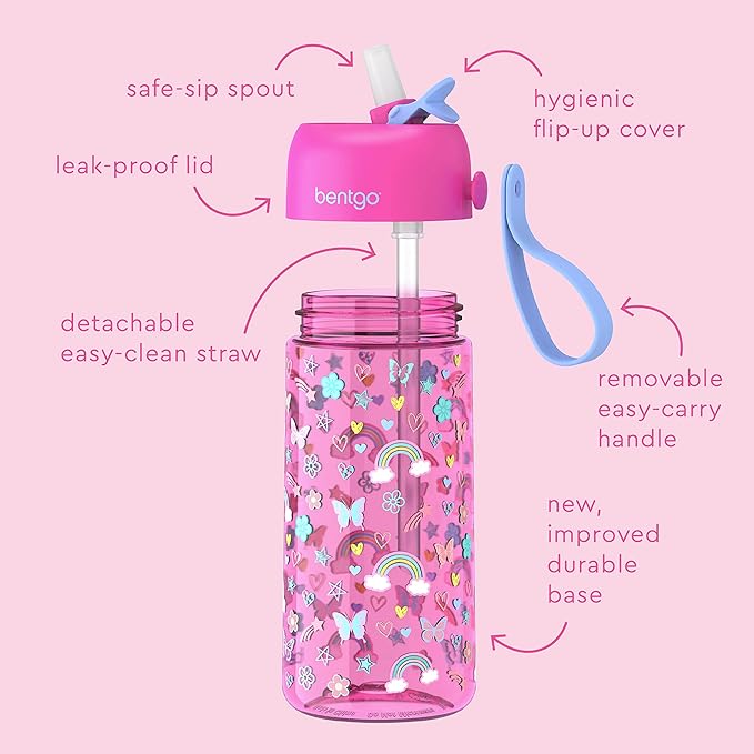 Bentgo Kids Water Bottle - Leak-Proof, Durable Tritan™, BPA-Free 15 oz. Cup for Kids/Toddlers Ages 3+ - Flip-Up Straw & Dishwasher Safe for School, Sports, Daycare & Camp (Rainbows & Butterflies)
