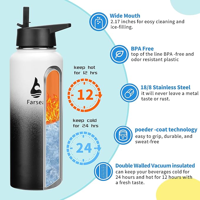 Farsea Insulated Water Bottle with Straw Lid & Spout Lid & Paracord Handle, Stainless Steel Water Bottle Wide Mouth, Double Wall Sweat-Proof BPA-Free, 40 oz, Gradient White + Black