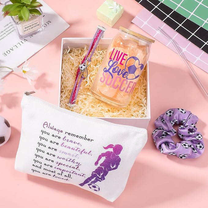 SilTriangle 4 Pcs Girls Soccer Gifts Soccer Glass Cup 16oz Soccer Water Bottles Inspirational Soccer Theme Makeup Bag Soccer Bracelet Elastic Soccer Scrunchies for Girls Back to School Soccer Lovers