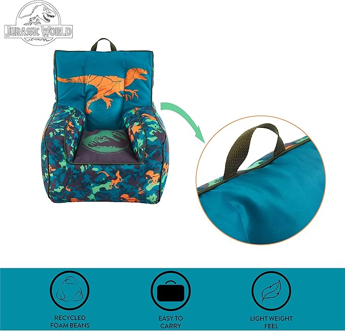 Idea Nuova Jurassic World 2 Kids Nylon Bean Bag Chair with Piping & Top Carry Handle, Blue, 18" H x 18" W